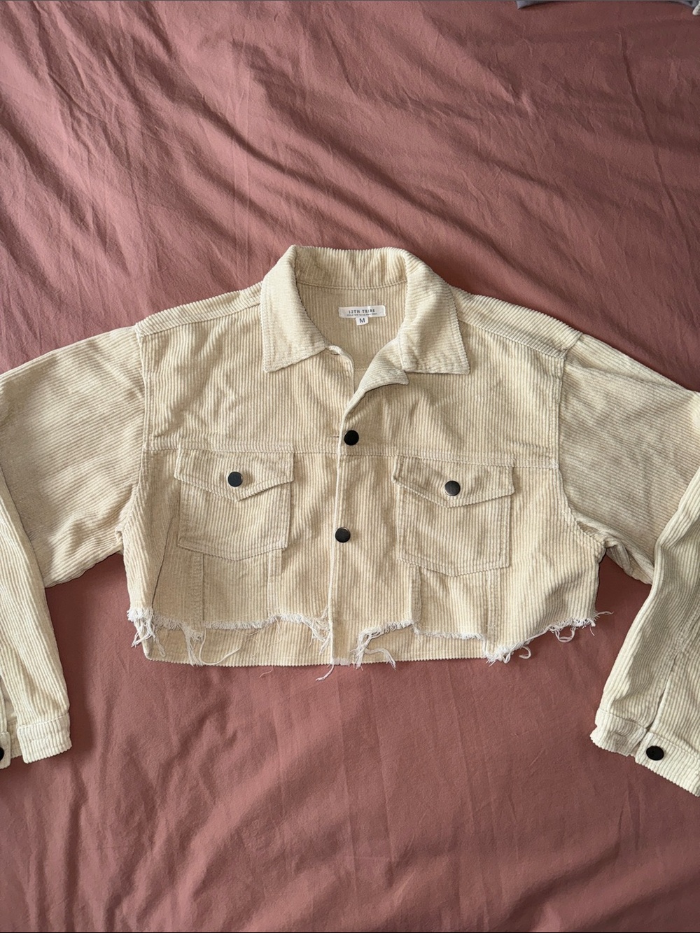12th Tribe Cropped Cream Corduroy Jacket with Raw Hem